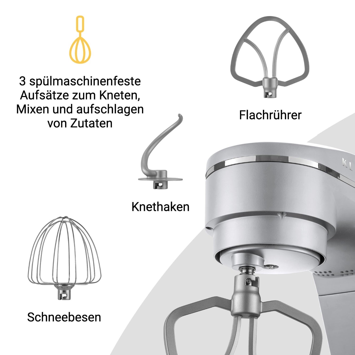 3 spülmaschinenfeste Aufsätze für die Küchenmaschine zum Kneten, Mischen und Aufschlagen von Zutaten