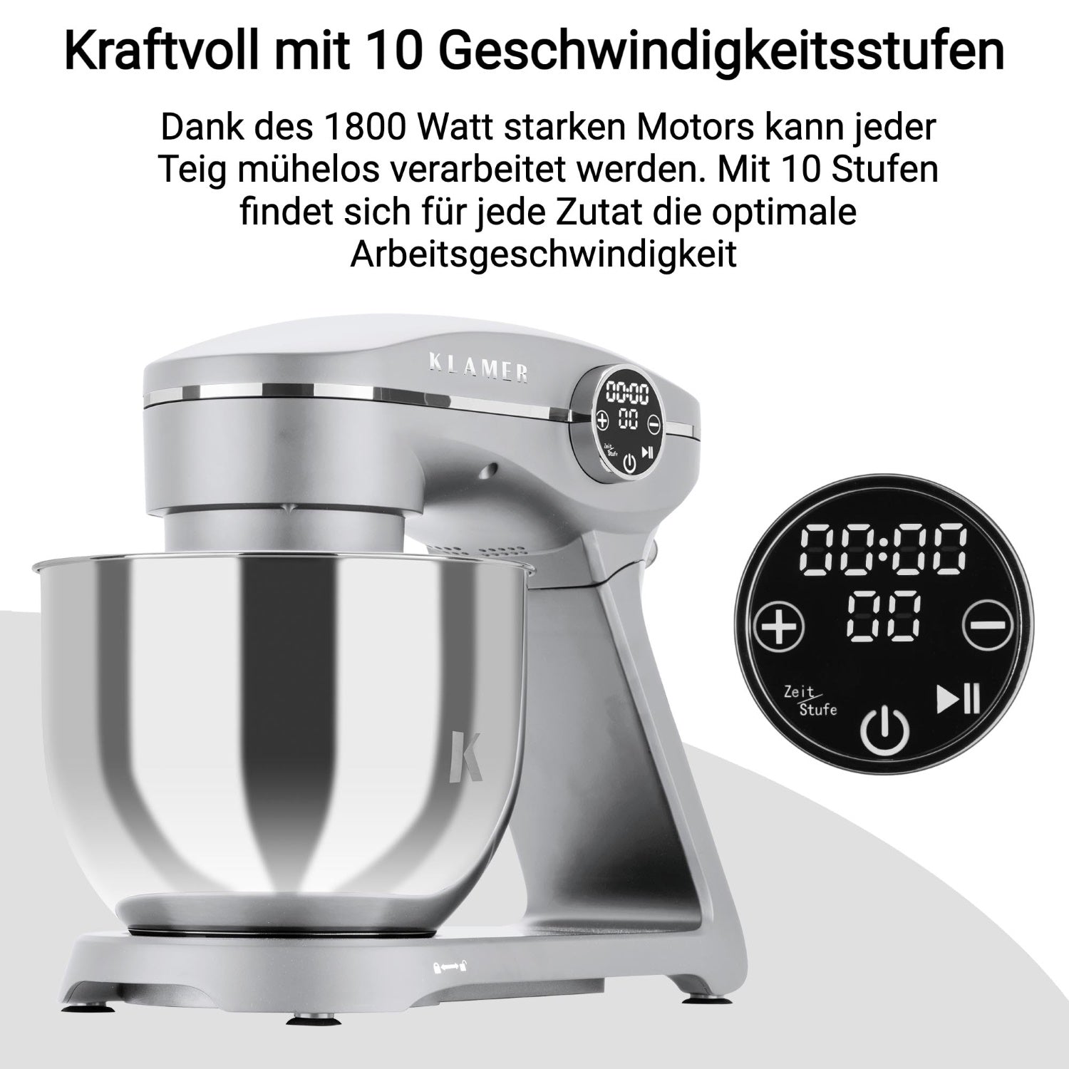 Küchenmaschine mit 1800 Watt Motor und 10 Geschwindigkeitsstufen zur einfachen Teigverarbeitung für Großfamilien.