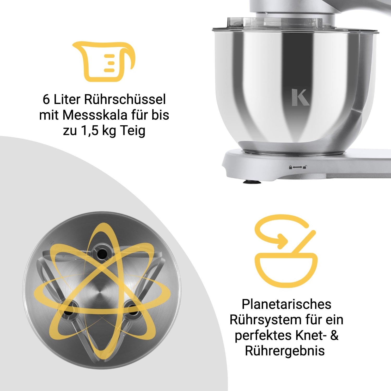 Küchenmaschine mit 6 Liter Rührschüssel, ideal für bis zu 1,5 kg Teig und planetarischem Rührsystem für perfekte Ergebnisse.