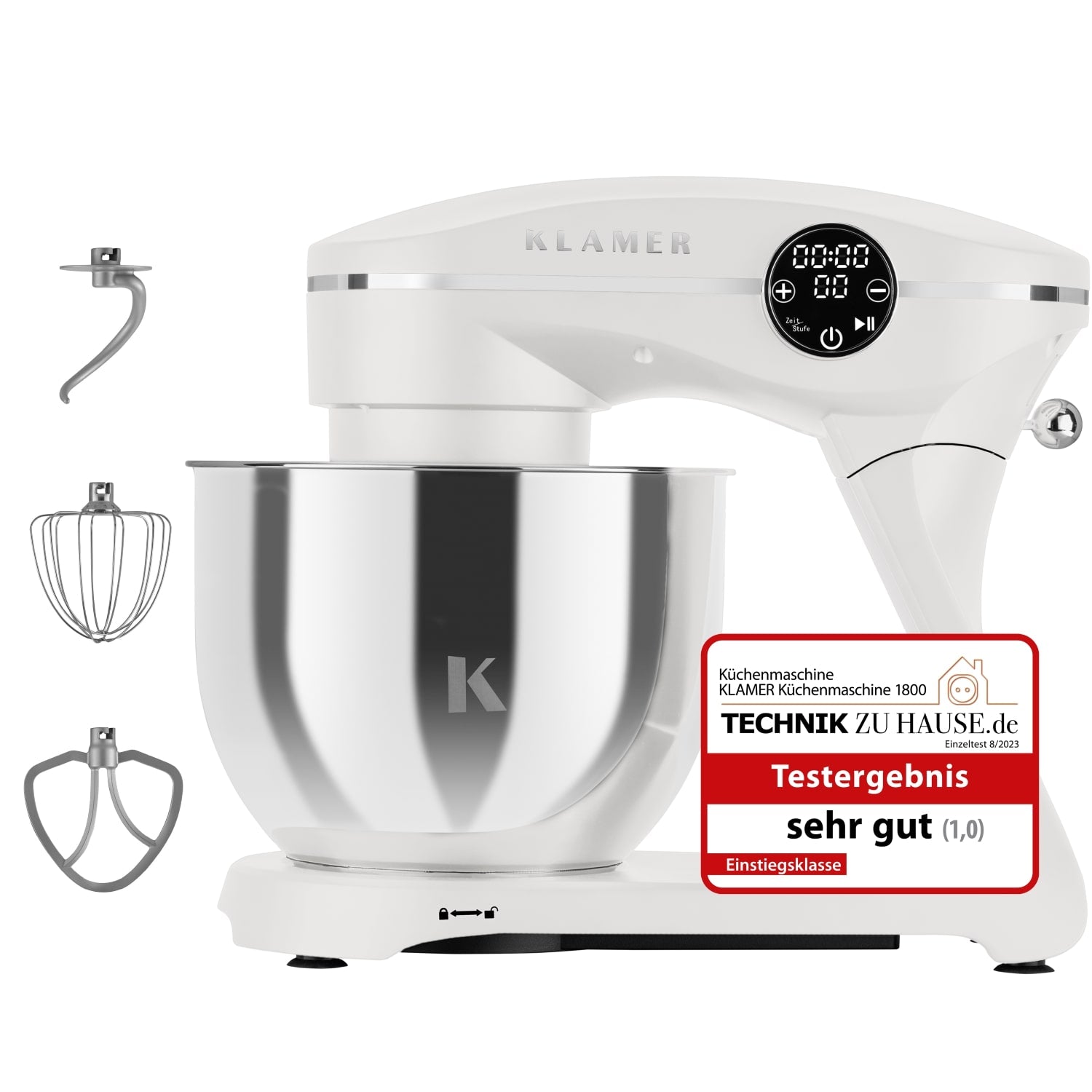 Küchenmaschine Klamer mit 1800 Watt Motor und 7,6 kg Kapazität, ideal zum Zubereiten von Brotteig und Pizzateig.