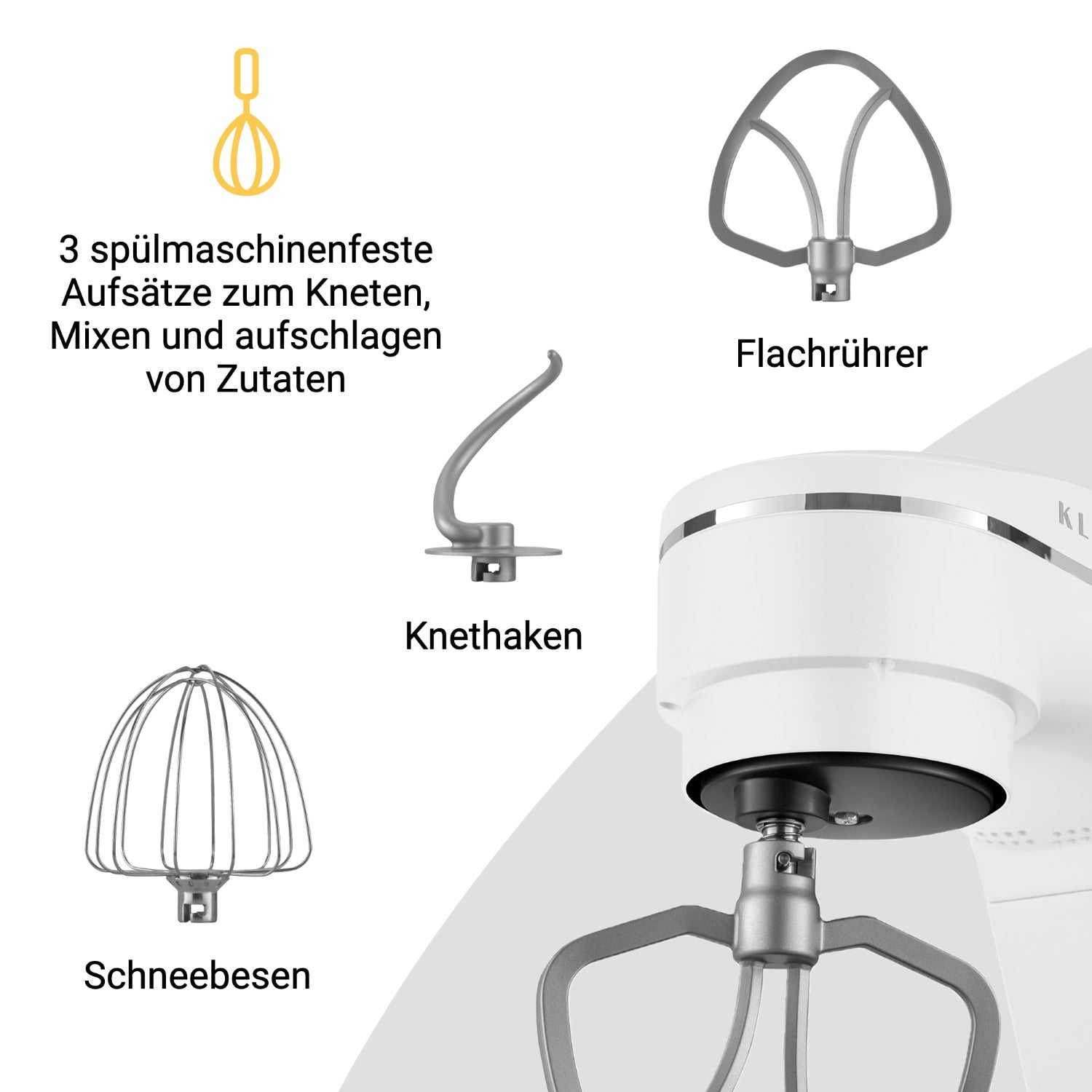 Küchenmaschine mit 3 spülmaschinenfesten Aufsätzen zum Kneten, Mischen und Aufschlagen von Zutaten.