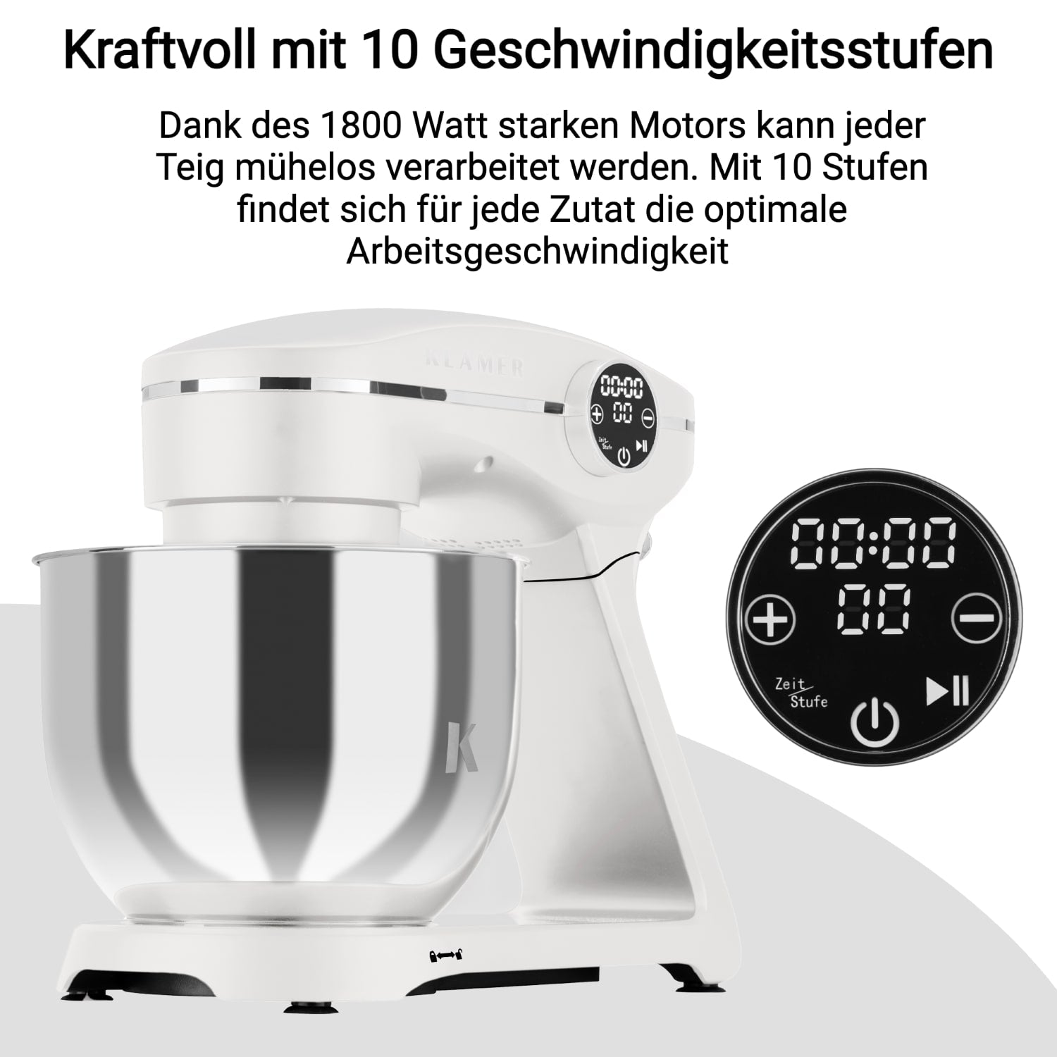 Küchenmaschine mit 1800 Watt Motor und 10 Geschwindigkeitsstufen für müheloses Teigverarbeiten.