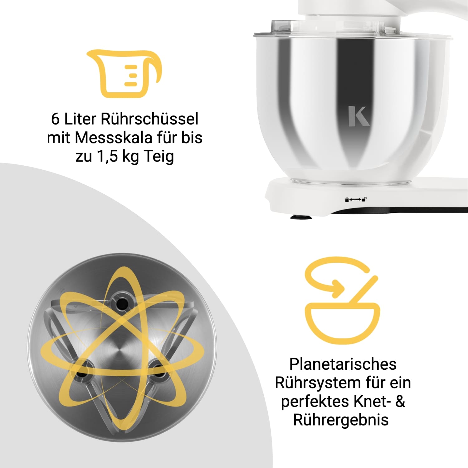 Küchenmaschine mit 6 Liter Rührschüssel und planetarischem Rührsystem für perfekte Knet- und Rührergebnisse.