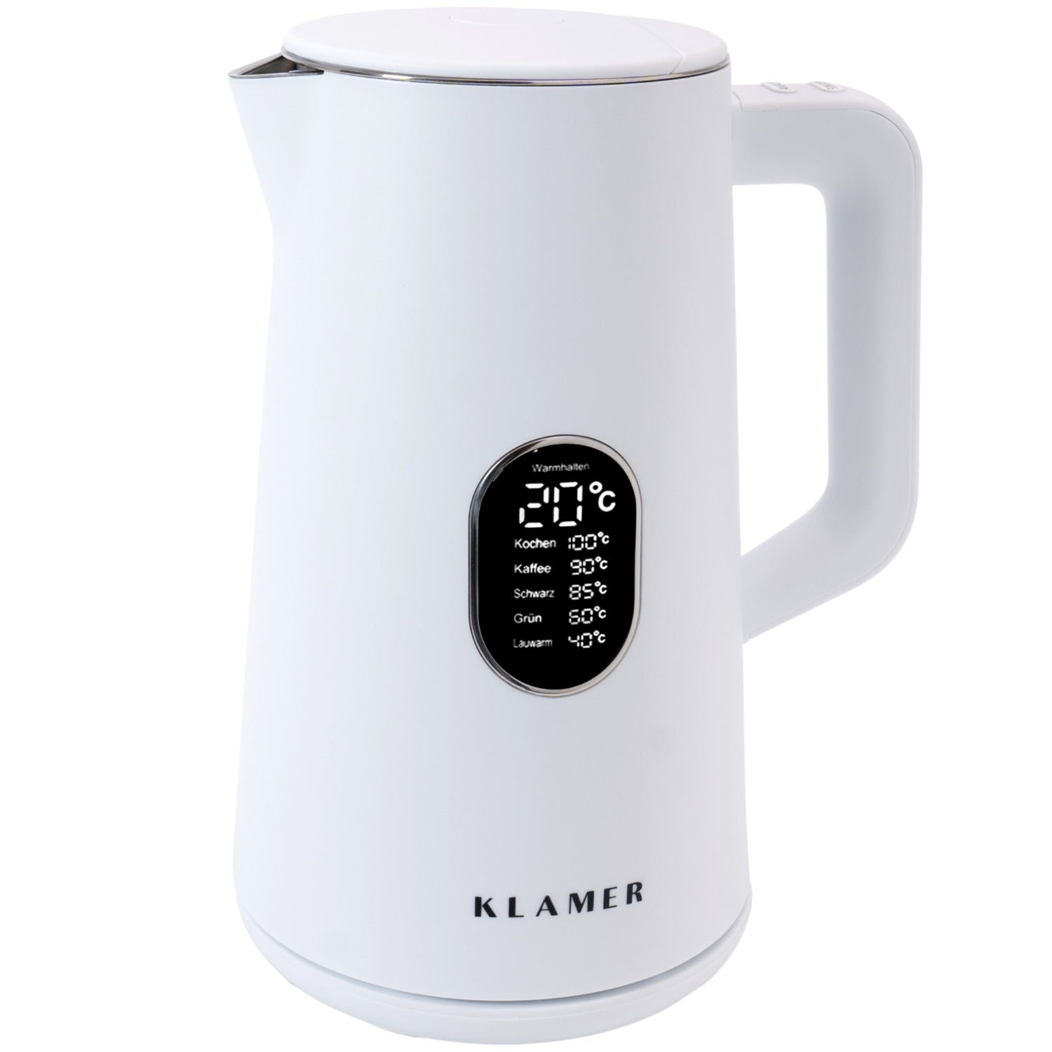 Wasserkocher 1.5 Liter mit temperaturgesteuerten Funktionen in elegantem Weiß und modernem Design.
