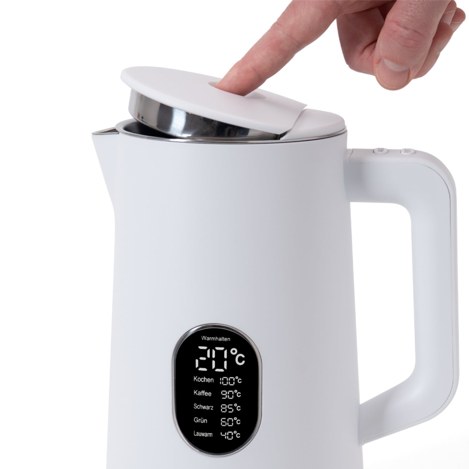 Wasserkocher 1.5 Liter mit digitaler Temperaturanzeige und offenem Deckel, ideal für Tee und Kaffee.