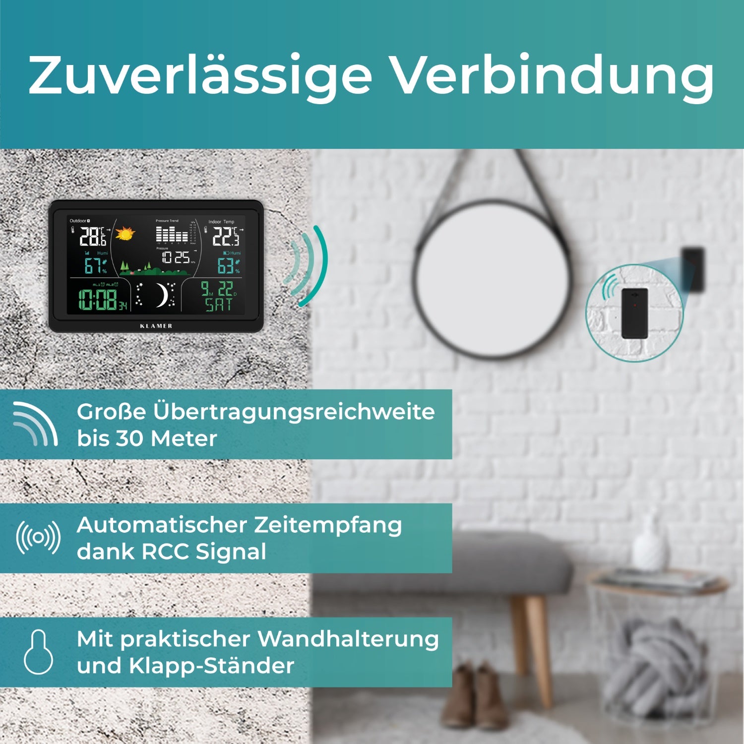 Wetterstation mit zuverlässiger Verbindung, großem Display, automatischem Zeitempfang und Wandhalterung.
