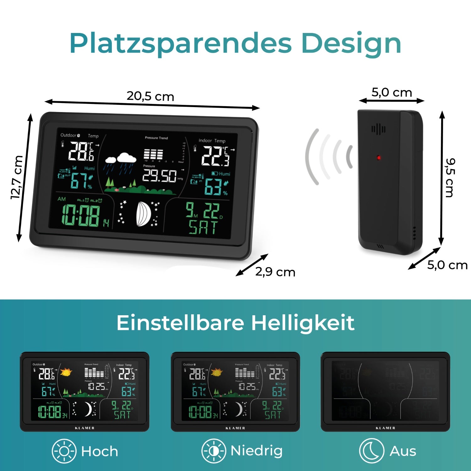 Wetterstation mit digitalem Display für Temperatur, Luftfeuchtigkeit und Wetterdaten, mit einstellbarer Helligkeit.