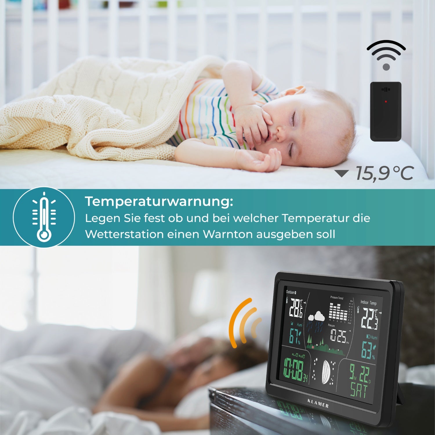 Wetterstation zeigt Temperaturwarnung und Messwerte neben schlafendem Baby.