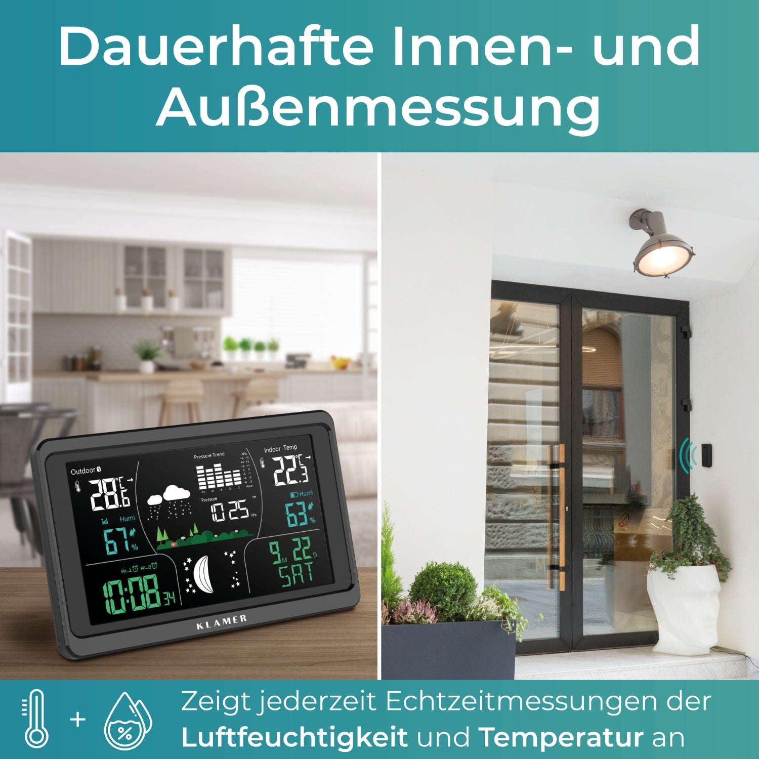 Wetterstation mit digitalem Display zeigt Innen- und Außenmessungen von Temperatur und Luftfeuchtigkeit an.