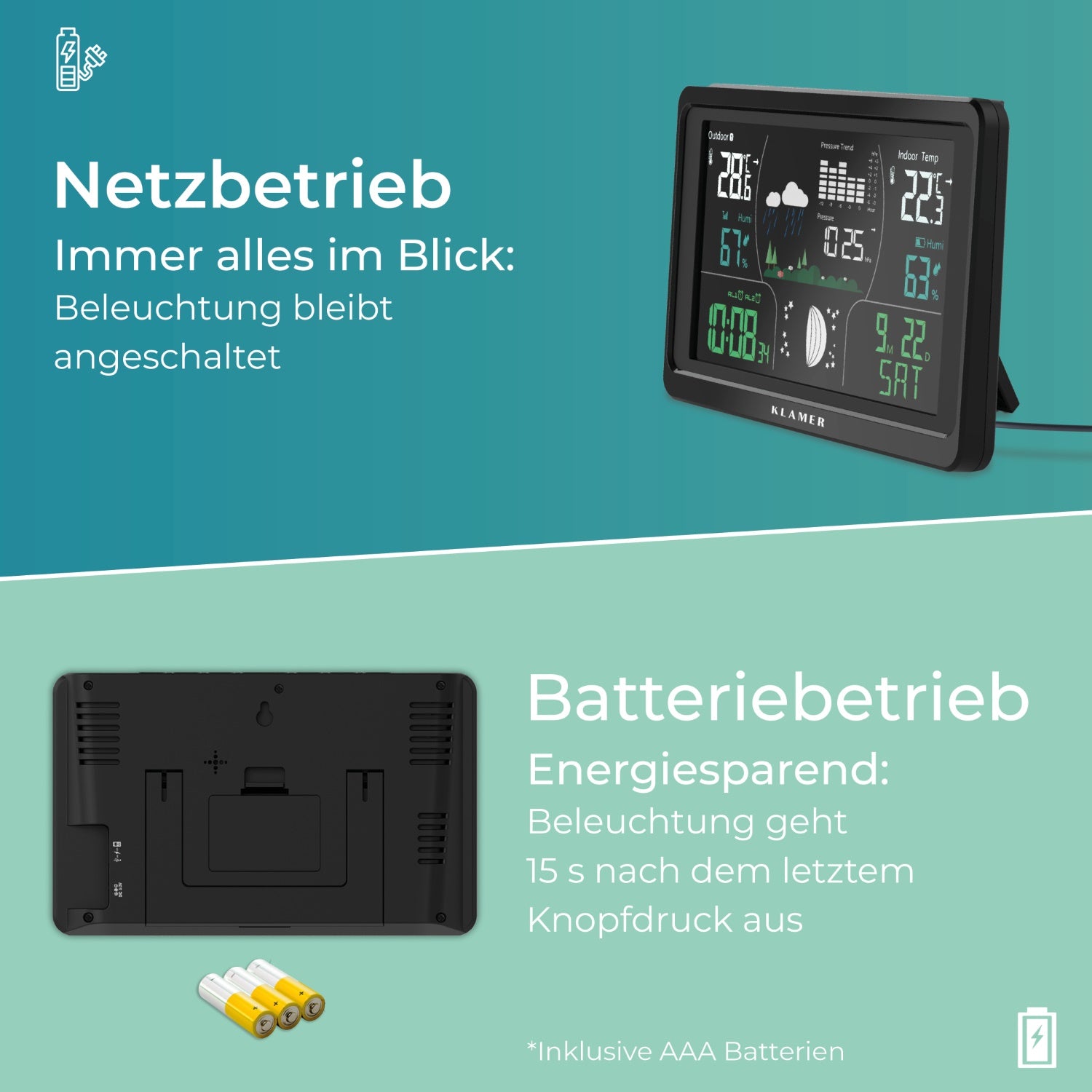 Wetterstation mit Netzbetrieb und Batteriebetrieb, übersichtliches Display für präzise Wetterdaten.