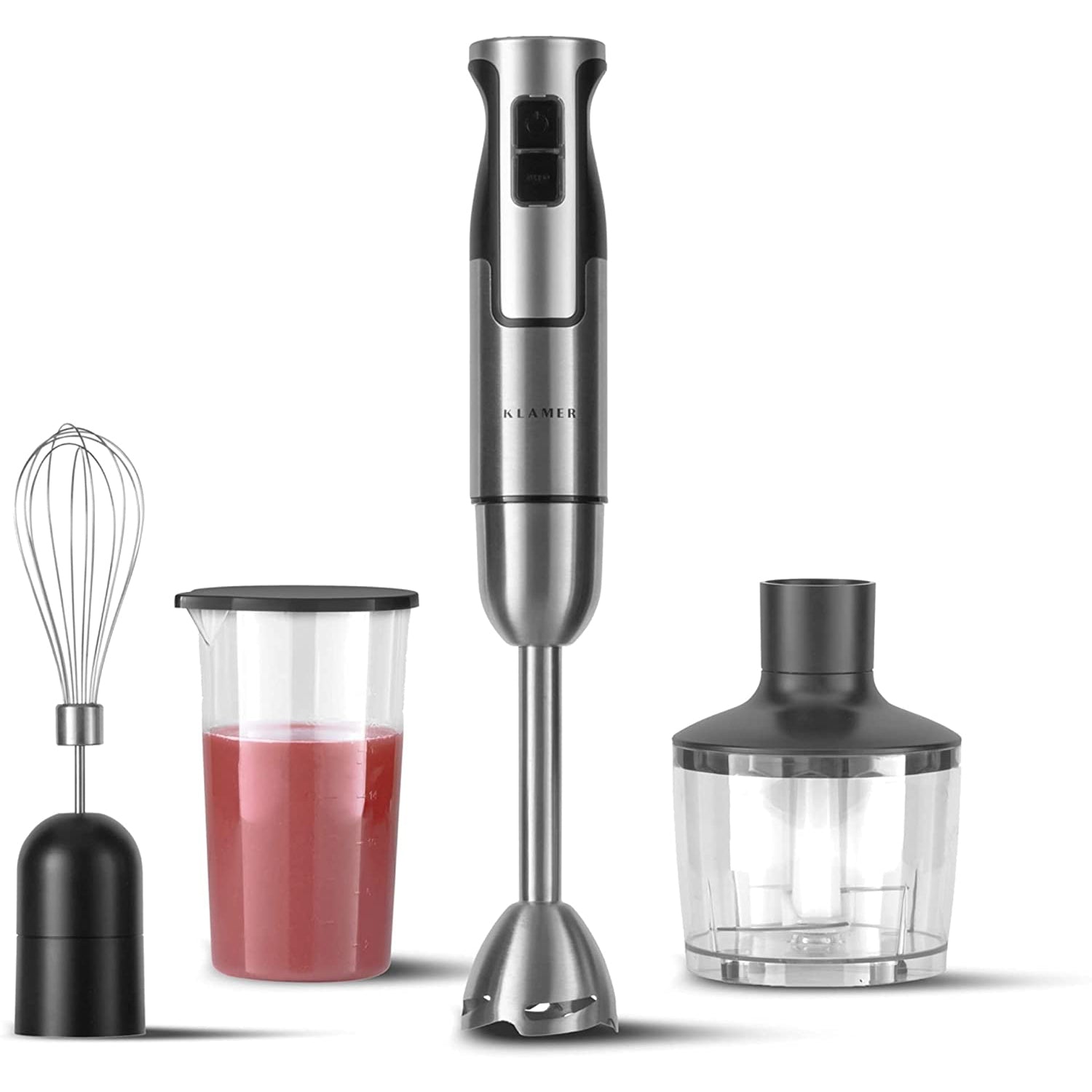Stabmixerset 4-teilig 800 Watt mit Stabmixer, Schneebesen, Messbecher und Zerkleinerer für vielseitige Küchenanwendungen.