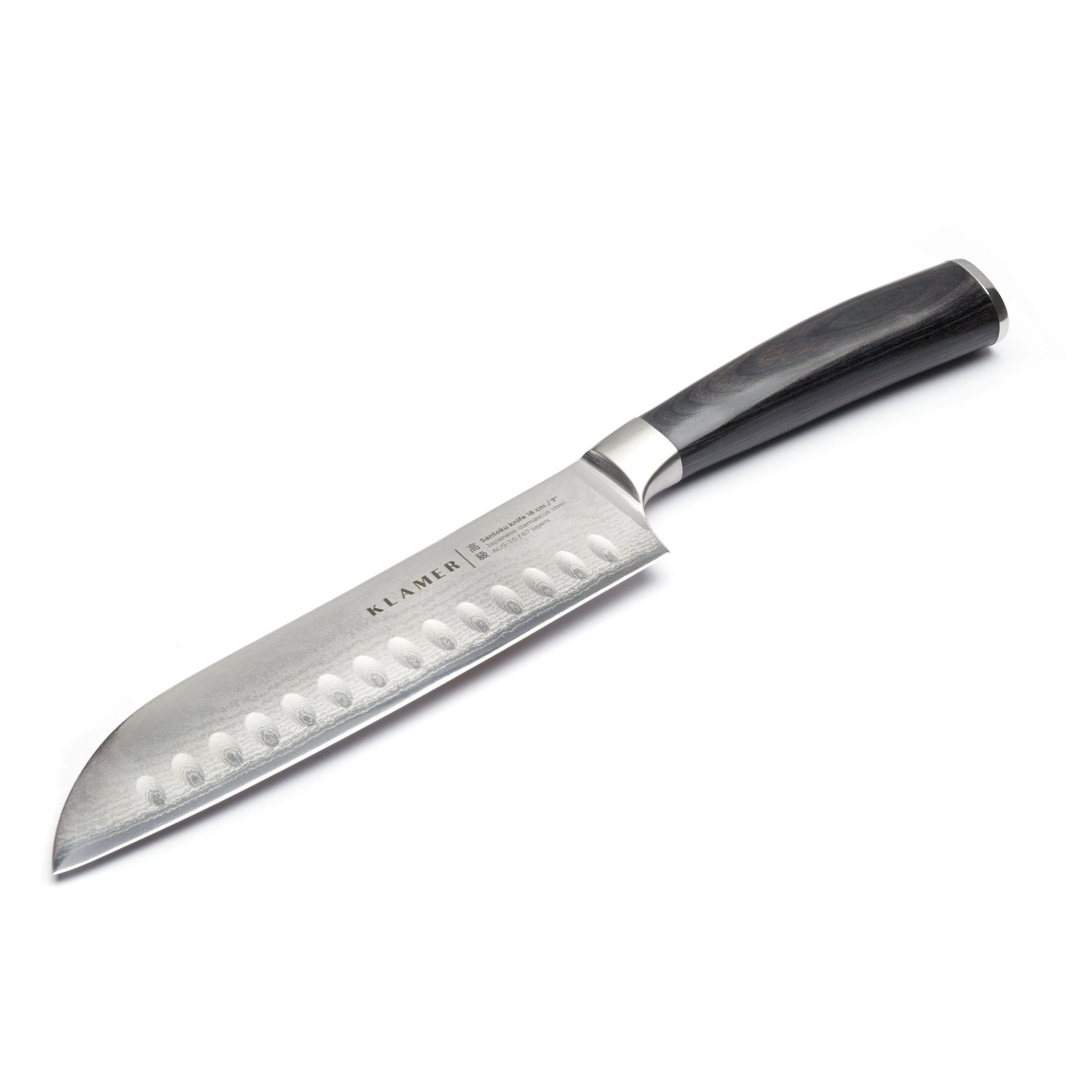 Santoku Damastmesser mit eleganter Klinge und schwarzem Griff, ideal für Profi- und Hobbyköche.