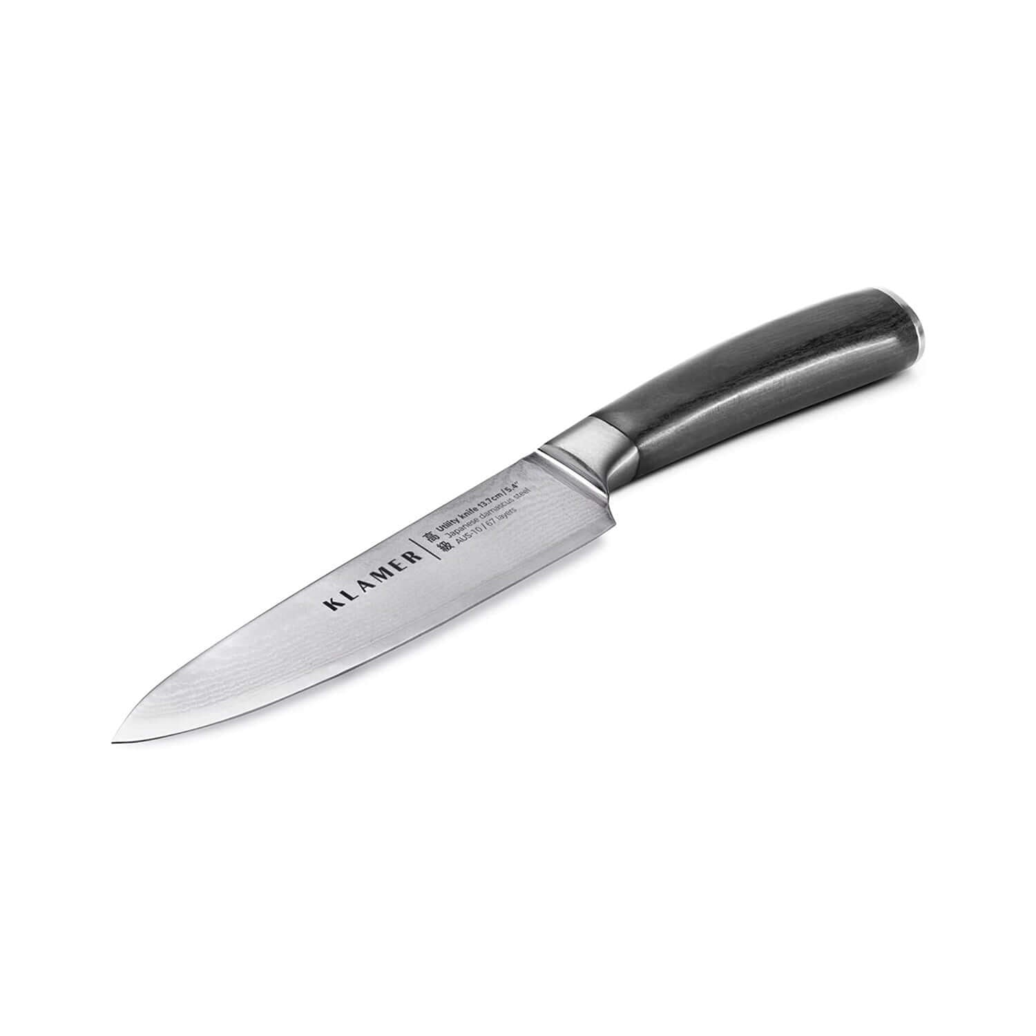 Damast Allzweckmesser 13.7cm mit schwarzem Griff und 67-lagigem Damaststahl für universelle Anwendungen.