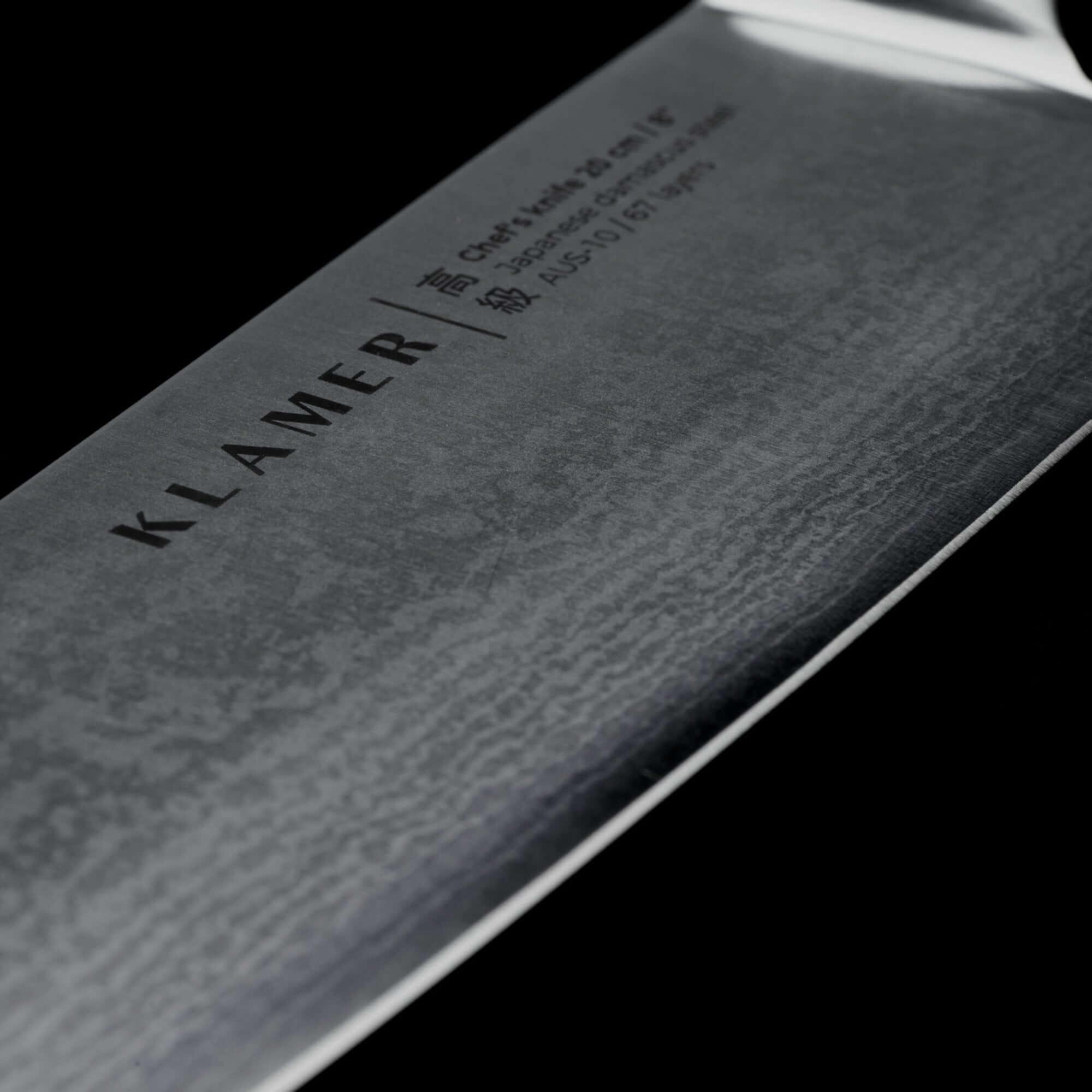 Damast Chefmesser 20cm close-up showing blade details and brand name Klamer