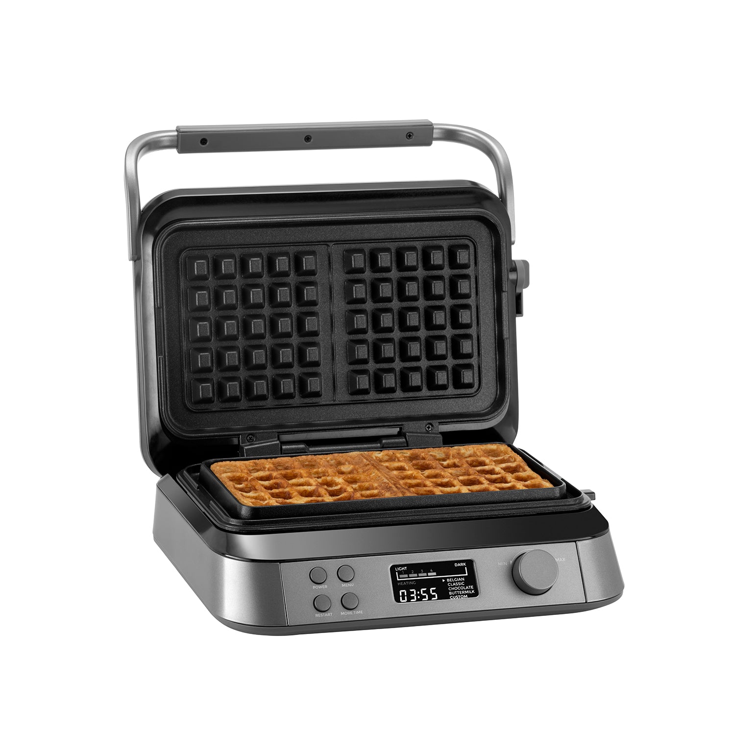 Waffeleisen mit geöffnetem Deckel, bereit die perfekte belgische Waffel zuzubereiten.