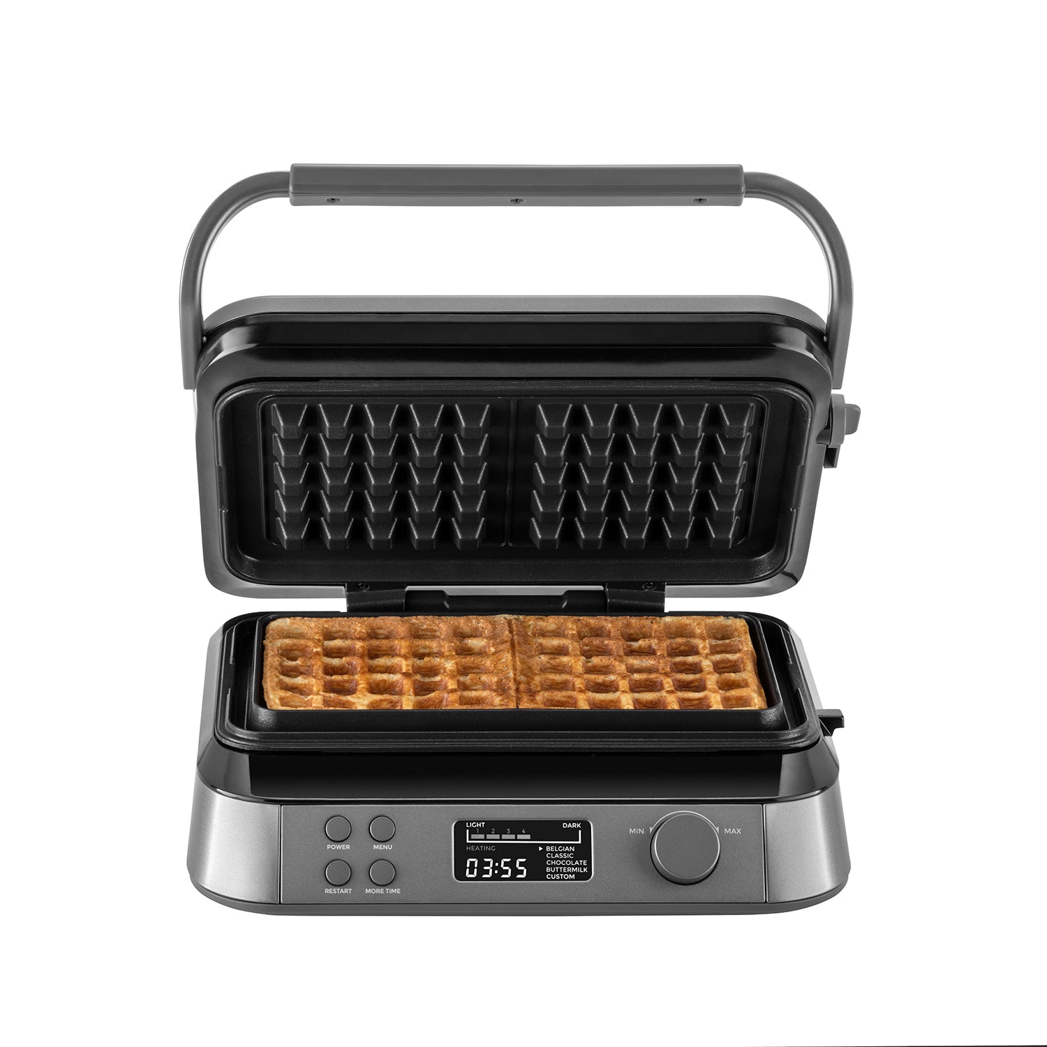 Waffeleisen mit LCD-Display und zwei gleichzeitig zubereiteten Waffeln, ideal für schnelles Frühstück.