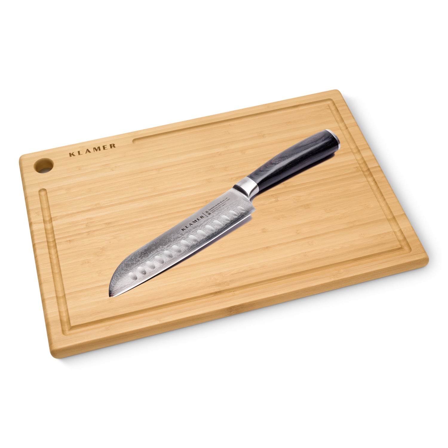 Santoku Damastmesser & Schneidebrett Set