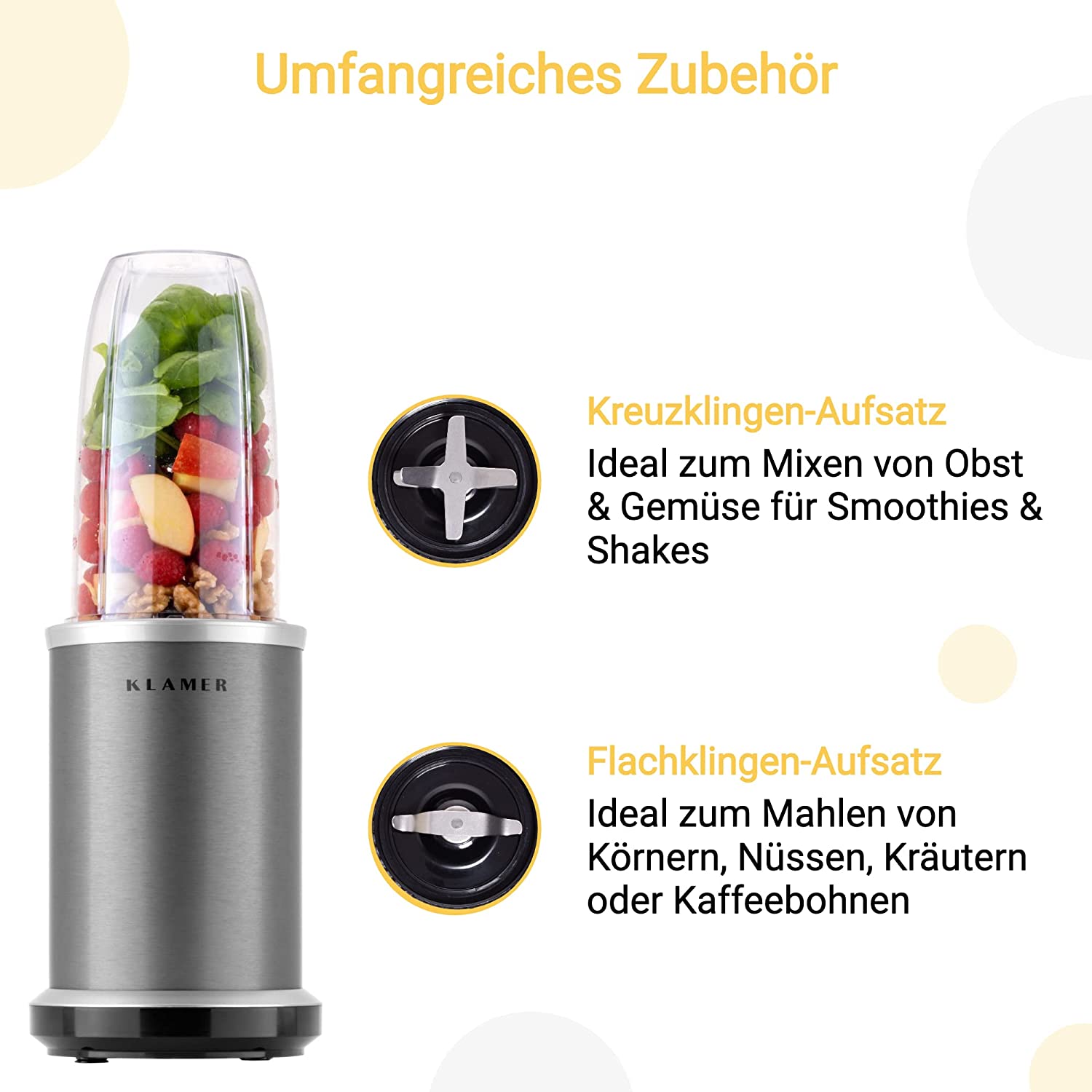 Bullet Mixer mit Zubehör für das Mixen von Smoothies und Mahlen von Kaffeebohnen.