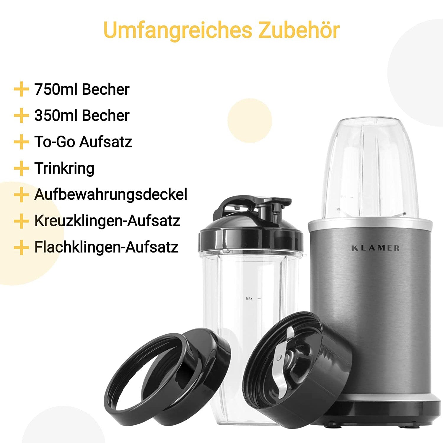 Bullet Mixer with 750ml and 350ml cups, To-Go lid, drinking ring, and various blade attachments.