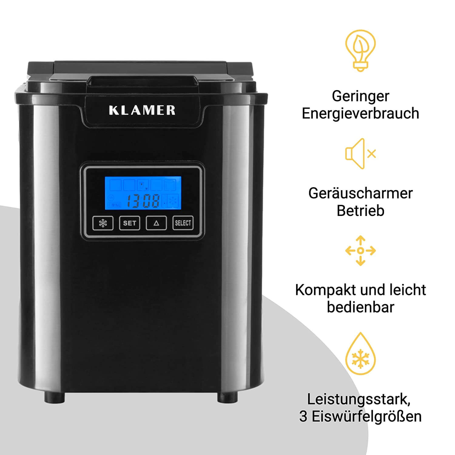 Eiswürfelmaschine 150 Watt mit kompaktem Design, Energieeffizienz und LED-Display für einfache Bedienung.