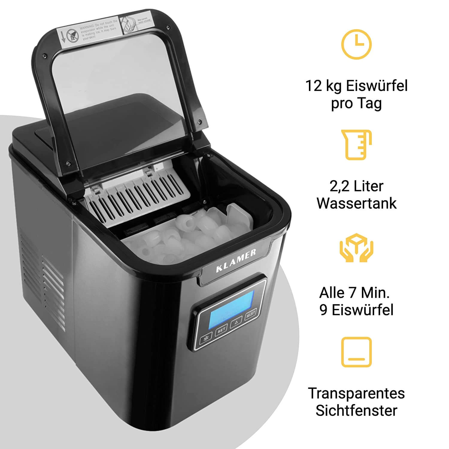 Eiswürfelmaschine 150 Watt mit 12 kg täglicher Produktion und 2,2 L Wassertank im Überblick.