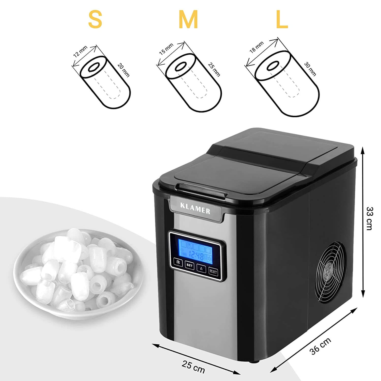 Eiswürfelmaschine 150 Watt mit verschiedenen Eiswürfelgrößen und digitalem Display für optimale Eisproduktion.