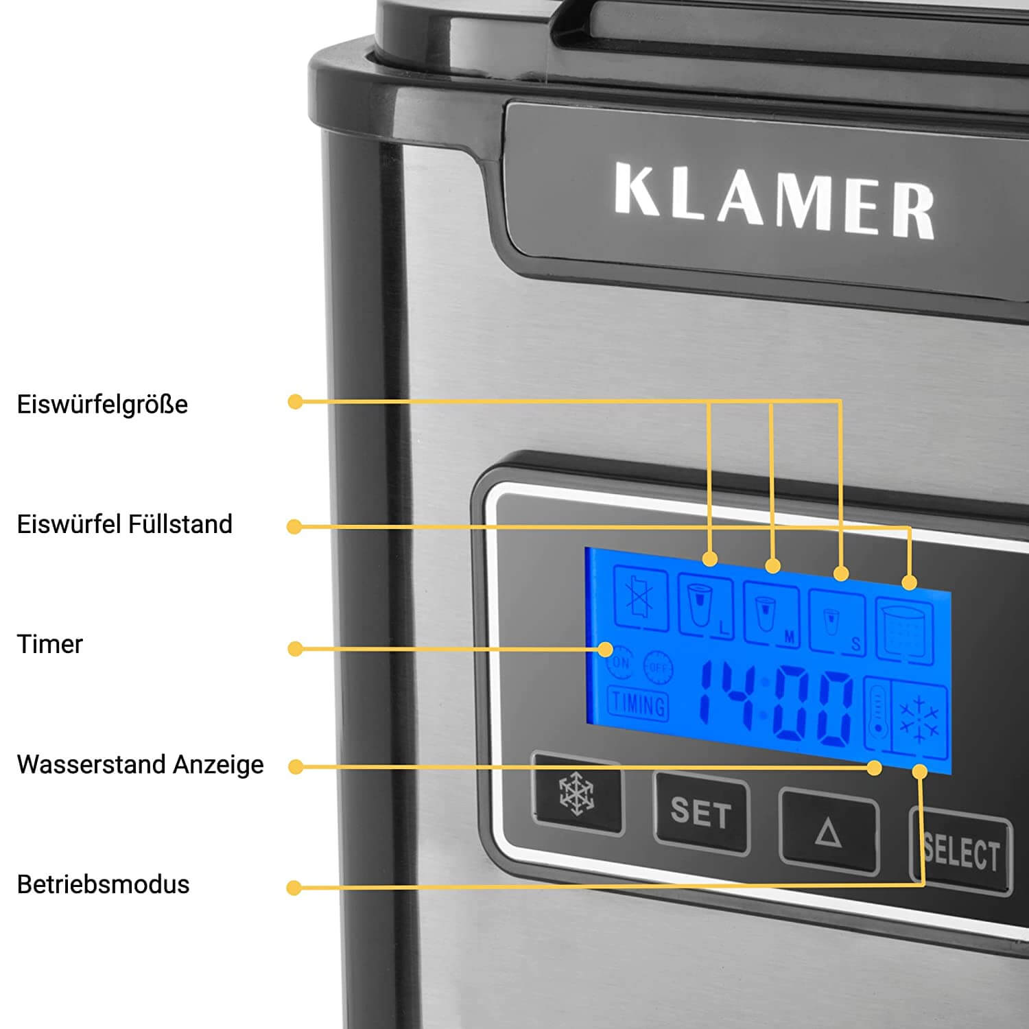 Eiswürfelmaschine 150 Watt Steuerungselemente mit blauem Display und Funktionen wie Timer und Wasserstandsanzeige.