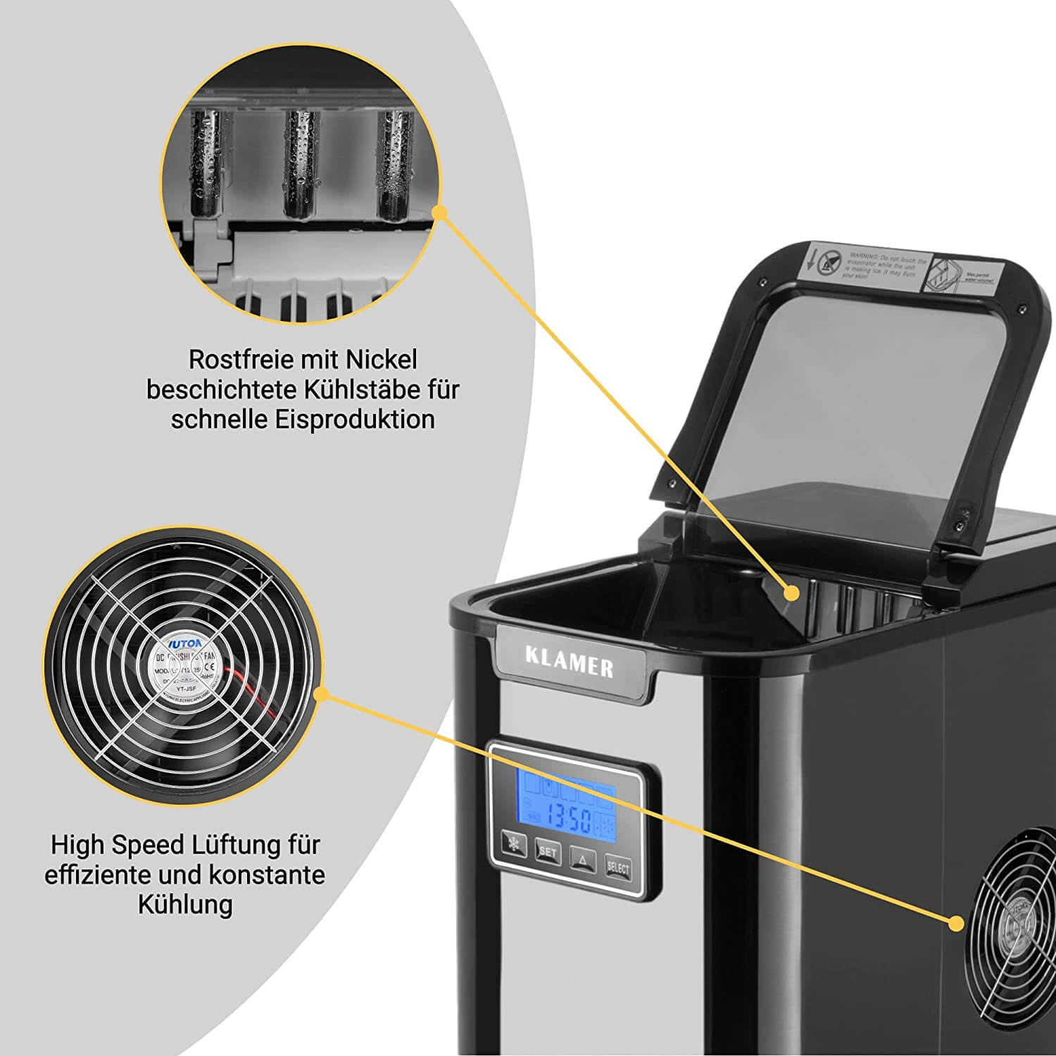 Eiswürfelmaschine 150 Watt mit Edelstahl Kühlstäben und High Speed Lüftung für optimale Eiskühlung.
