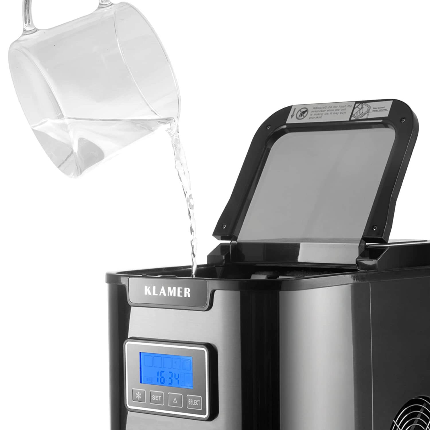 Eiswürfelmaschine 150 Watt mit Wasserauffüllung, digitaler Anzeige und transparentem Deckel.