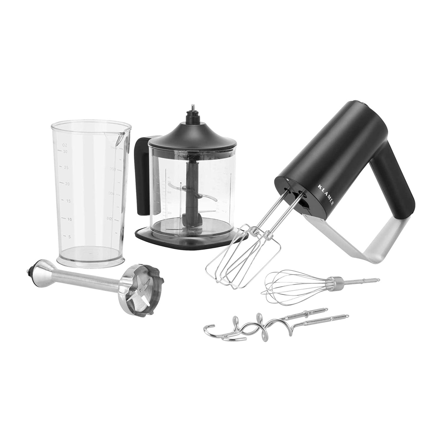 Handmixer set with measuring cup, whisk attachments, and kitchen accessories for perfect mixing results.