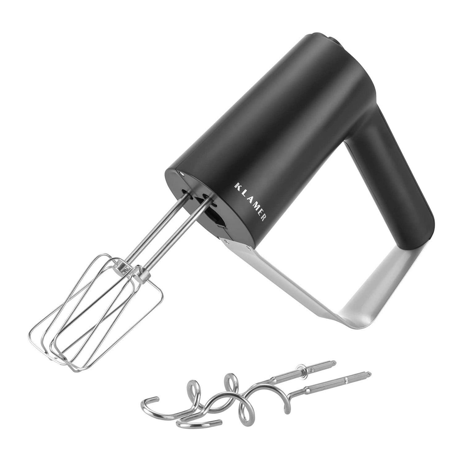 Handmixer in sleek black design with stainless steel beaters, ideal for baking and cooking.