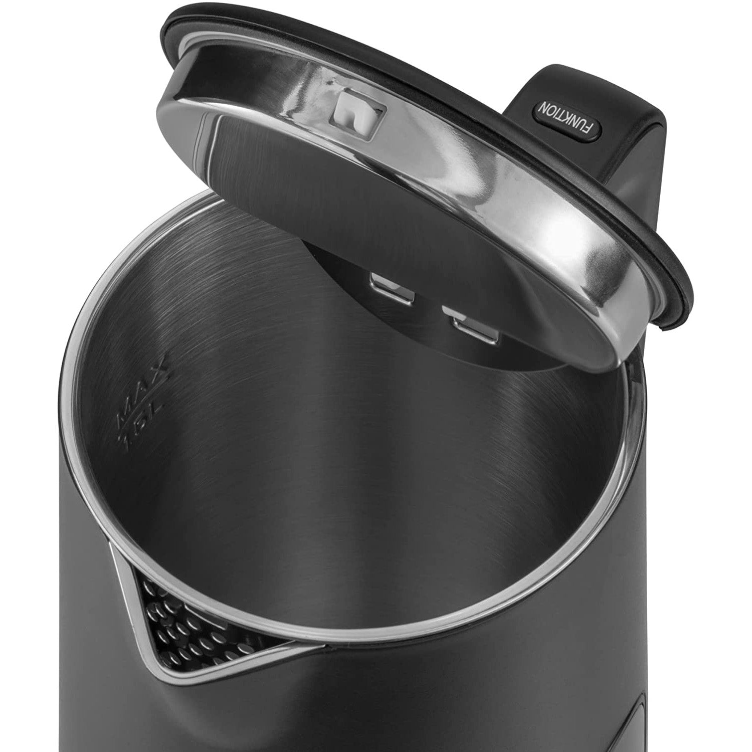 Wasserkocher 1.5 Liter, elegantes schwarzes Design mit Edelstahl-Innengehäuse und offenem Deckel.