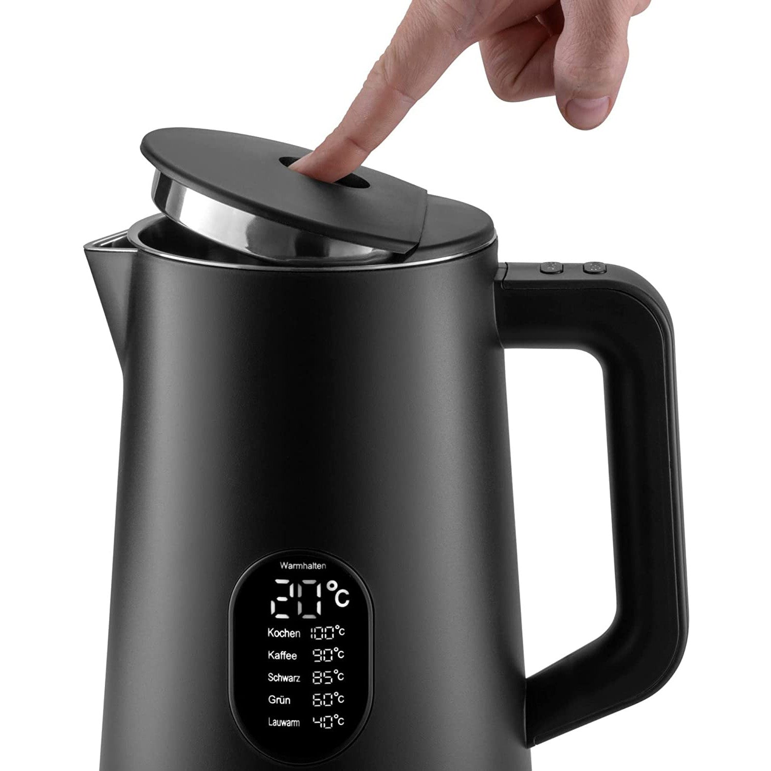 Wasserkocher 1.5 Liter in elegantem Schwarz mit digitaler Temperaturanzeige und öffnendem Deckel.