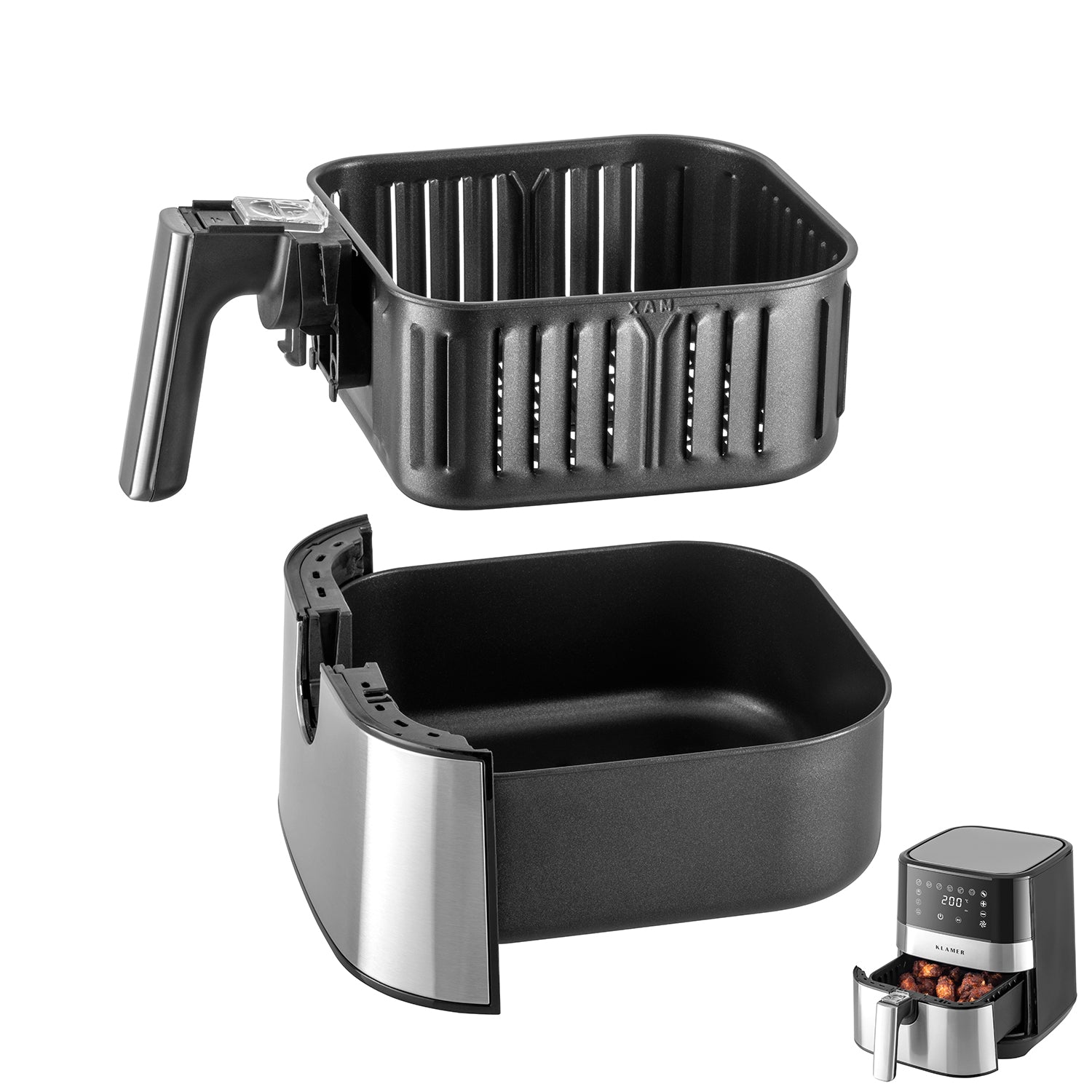 Heissluftfritteuse Edelstahl - Frittierkorb & Bratschale mit separatem Bratschalen-Design und ausziehbarem Frittierkorb.