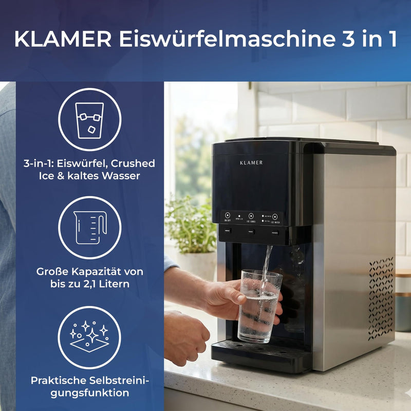 KLAMER 3-in-1 Eiswürfelmaschine 3in1 Edelstahl 2,1L – Bild 2
