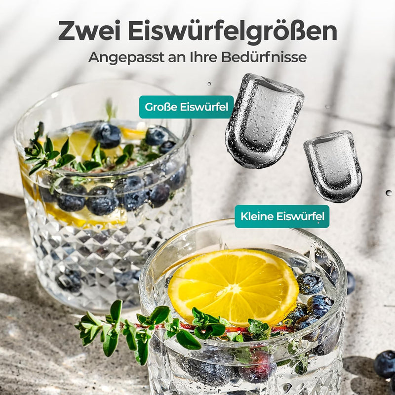 Eiswürfelmaschine Kompakt mit zwei Eiswürfelgrößen für verschiedene Getränke und Bedürfnisse.