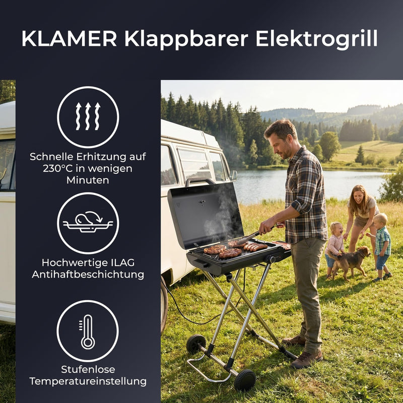 KLAMER KLAMER Elektrogrill Klappbar, Balkon & Draußen, Deckelthermometer, Rollen Standgrill – Bild 2