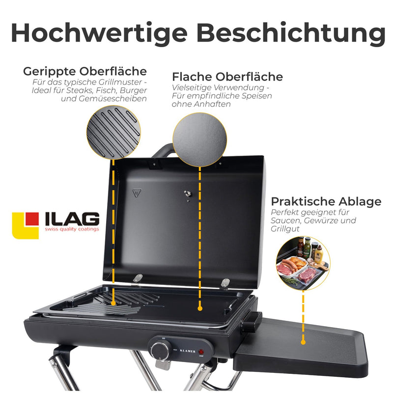 KLAMER KLAMER Elektrogrill Klappbar, Balkon & Draußen, Deckelthermometer, Rollen Standgrill – Bild 3