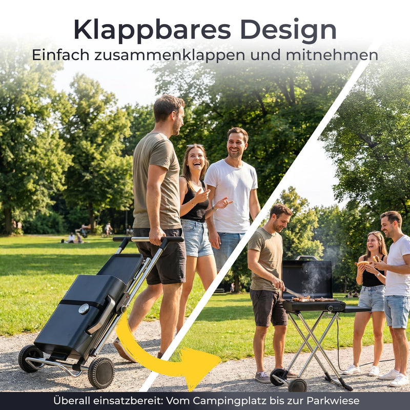 KLAMER KLAMER Elektrogrill Klappbar, Balkon & Draußen, Deckelthermometer, Rollen Standgrill – Bild 4