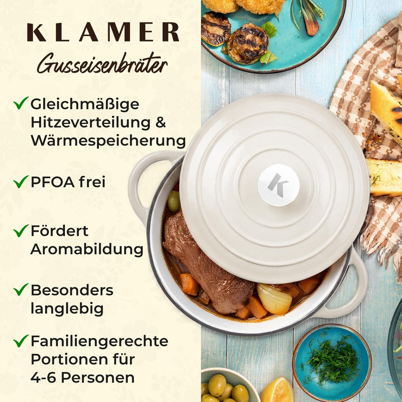 KLAMER KLAMER Gusseisen Bräter 5 L 26 cm mit Deckel, Emaille Schmortopf Induktion Creme – Bild 4