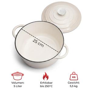 KLAMER KLAMER Gusseisen Bräter 5 L 26 cm mit Deckel, Emaille Schmortopf Induktion Creme – Bild 7