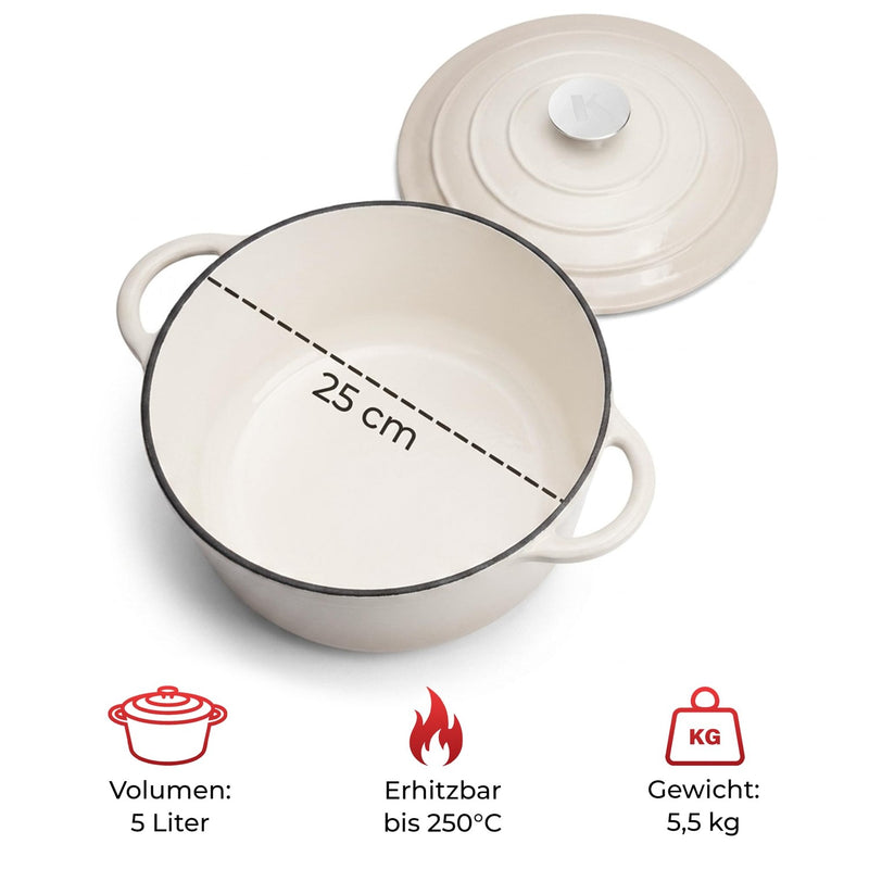 KLAMER KLAMER Gusseisen Bräter 5 L 26 cm mit Deckel, Emaille Schmortopf Induktion Creme – Bild 7
