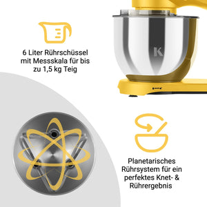 KLAMER KLAMER Küchenmaschine 1800W, Knetmaschine Brotteig mit Edelstahl-Rührschüssel 6 L, 10 Stufen mit Timer, Planetenrührwerk, Rührbesen, Knethaken, Schneebesen & Sichtdeckel (gelb) Gelb – Bild 7