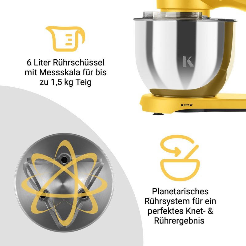KLAMER KLAMER Küchenmaschine 1800W, Knetmaschine Brotteig mit Edelstahl-Rührschüssel 6 L, 10 Stufen mit Timer, Planetenrührwerk, Rührbesen, Knethaken, Schneebesen & Sichtdeckel (gelb) Gelb – Bild 7
