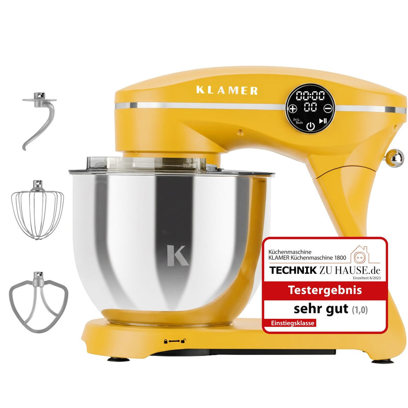 KLAMER KLAMER Küchenmaschine 1800W, Knetmaschine Brotteig mit Edelstahl-Rührschüssel 6 L, 10 Stufen mit Timer, Planetenrührwerk, Rührbesen, Knethaken, Schneebesen & Sichtdeckel (gelb) Gelb – Bild 1