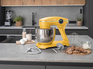 KLAMER KLAMER Küchenmaschine 1800W, Knetmaschine Brotteig mit Edelstahl-Rührschüssel 6 L, 10 Stufen mit Timer, Planetenrührwerk, Rührbesen, Knethaken, Schneebesen & Sichtdeckel (gelb) Gelb – Bild 3