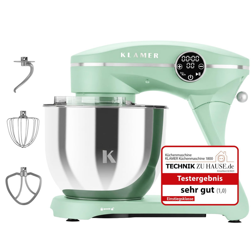 KLAMER KLAMER Küchenmaschine 1800W, Knetmaschine Brotteig mit Edelstahl-Rührschüssel 6 L, 10 Stufen mit Timer, Planetenrührwerk, Rührbesen, Knethaken, Schneebesen & Sichtdeckel (mint) Premium Mint – Bild 1