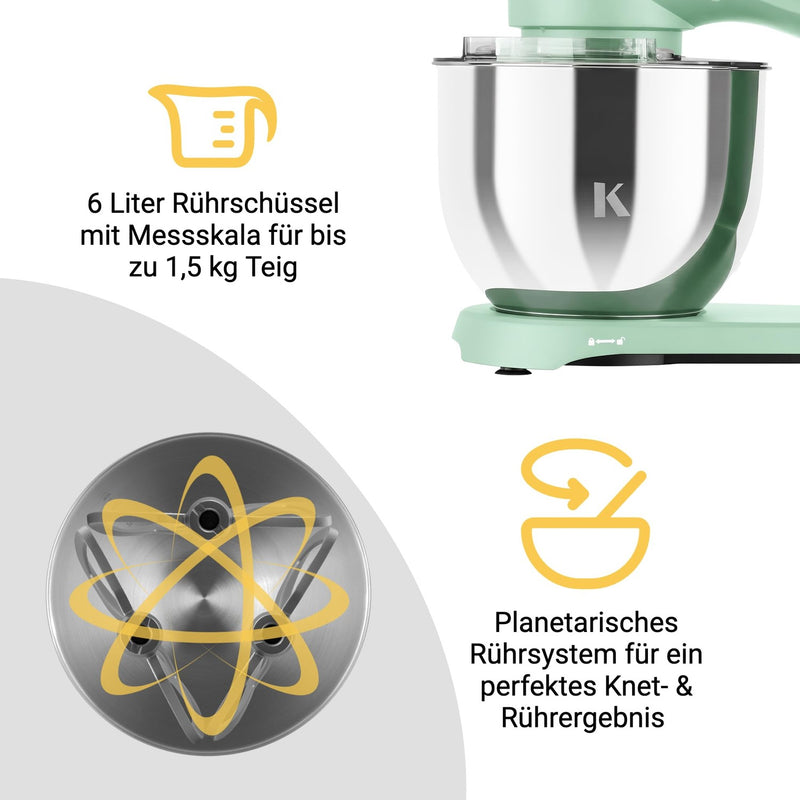 KLAMER KLAMER Küchenmaschine 1800W, Knetmaschine Brotteig mit Edelstahl-Rührschüssel 6 L, 10 Stufen mit Timer, Planetenrührwerk, Rührbesen, Knethaken, Schneebesen & Sichtdeckel (mint) Premium Mint – Bild 7