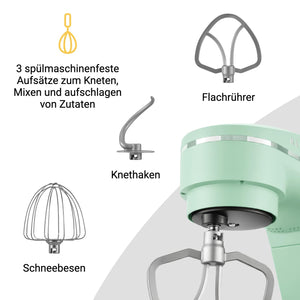 KLAMER KLAMER Küchenmaschine 1800W, Knetmaschine Brotteig mit Edelstahl-Rührschüssel 6 L, 10 Stufen mit Timer, Planetenrührwerk, Rührbesen, Knethaken, Schneebesen & Sichtdeckel (mint) Premium Mint – Bild 5