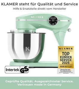 KLAMER KLAMER Küchenmaschine 1800W, Knetmaschine Brotteig mit Edelstahl-Rührschüssel 6 L, 10 Stufen mit Timer, Planetenrührwerk, Rührbesen, Knethaken, Schneebesen & Sichtdeckel (mint) Premium Mint – Bild 2